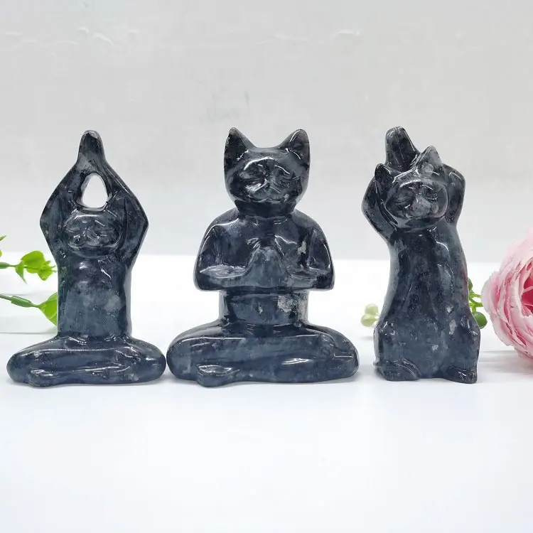 Estatua de gato de piedra, artesanía de piedras preciosas populares, Animal, larvikita, piedra, Gato de Yoga