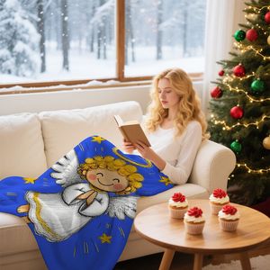 Plaid en peluche imprimé Blue Angel, rectangulaire, anti-boulochage, pour usage domestique, style classique hivernal, lavable en machine - Product Image 2
