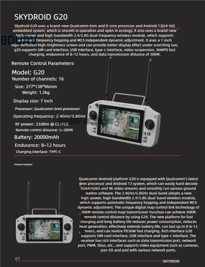 Télécommande Skydroid G20 Pour Drones/avions - Écran 7" HD Double Fréquence 2.4GHz/5.8GHz - Neuf