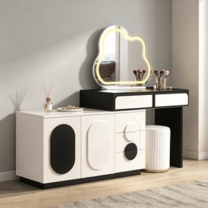 Modern White Luxury Wood Panel Makeup <b>Vanity</b> with Lighted Mirror and Storage Drawers - Product Image 2