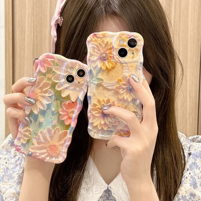 Colorful Retro Oil Painting Flower Laser Beam Glossy Pattern Shockproof Mobile Phone Case for iPhone 11 12 13 14 15 Pro Max Case
