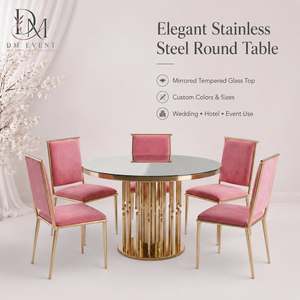 Table de salle à manger ronde personnalisée en acier inoxydable doré avec base verticale en tige et plateau en verre trempé miroir - Product Image 1