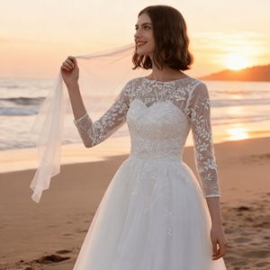 فستان زفاف عصري جديد فاخر وأنيق من الدانتيل الأبيض النقي بقصة A-Line، طول الأرضية، بلمسة طبيعية ورباط خلفي، صديق للبيئة وطويل - Product Image 5