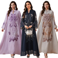Elegante Islamische Abaya Muslimisches Abendkleid Traditionelles Polyester-Kleid mit Pailletten Paisley-Muster Langarm Knöchellang Locker Geschnitten FK086