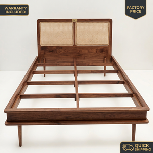 Cadre de lit en bois massif de style Mid-Century Modern, lit plateforme avec tête de lit en rotin, meubles de chambre à coucher - Product Image 1