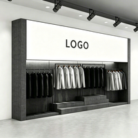 Présentoir mural personnalisé gratuit pour vêtements, style industriel, avec boîte lumineuse pour logo et plateforme étagée