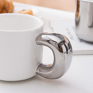 Tasse à café en porcelaine de luxe créative avec anse plaquée argent, 380 ml (12 oz), pour petit-déjeuner, lait ou café, avec fouet intégré - Product Image 6