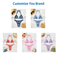 Ensemble bikini 2 pièces en porcelaine bleue et blanche à imprimé floral, extensible, dos nu, à lacets, style string sportif, service OEM avec logo à la taille
