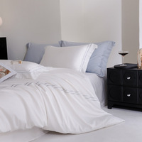 Parure de lit 4 pièces en coton satiné brodé couleur unie pour hôtel, tailles Queen et King, lavable en machine, housse de couette et drap-housse