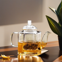 Théière en verre borosilicate transparent épais de 350 ml, résistante à la chaleur, à fond carré, avec infuseur à thé et couvercle en verre soufflé à la main