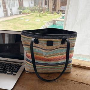 Summer Colorful Woven Tote Bag Large Capacity <b>Rainbow</b> Striped Straw Shoulder Bag For Beach Vacation Everyday Use - Product Image 4