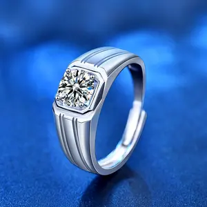 Moissanite แหวนผู้ชายแฟชั่นเพชรใหญ่ Cincin Lelaki Besar Permata,แหวนผู้ชายปรับขนาด Cincin Kahwin ได้ S925