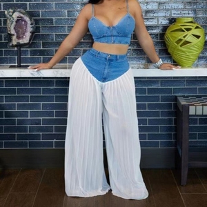 เสื้อกล้ามคอวีมีสายคล้องคอของผู้หญิงขายดีกางเกงผ้าชิฟฟ่อนมีจีบ2ชุดแฟชั่น - Product Image 5