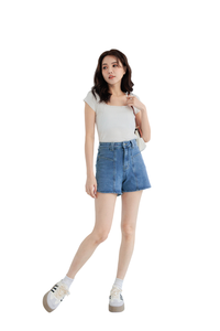 Jean en denim extensible décontracté et tendance, coupe droite, taille mi-haute, respirant, style streetwear, pour femme, fabrication OEM Chine, délavé - Product Image 4