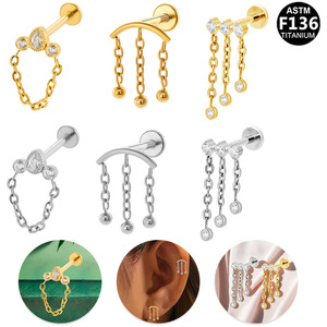 Boucles d'oreilles en chaîne de titane avec pampilles pour cartilage d'oreille et piercing de lèvre, bijoux en titane ASTM F136, accessoires de mode pour fêtes - Product Image 1