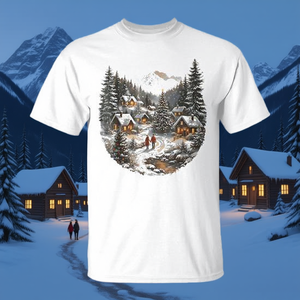 T-shirt pour hommes, style rétro, Noël, hiver, village, montagne enneigée - Product Image 3