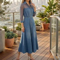 Robes longues pour femmes personnalisées, style vintage, coupe trapèze, taille haute, avec poches boutonnées, en denim et maille transparente, couleur unie, à revers et empiècements