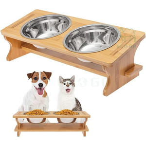 Cuencos elevados para mascotas-Soporte duradero de bambú elevado para alimentos y agua con 2 cuencos de acero inoxidable - Product Image 1