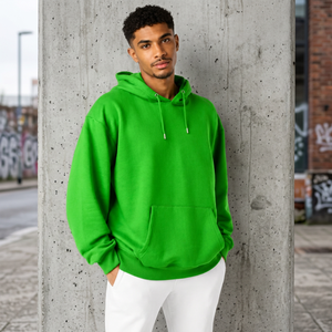 Sweat-shirt à capuche vert uni surdimensionné pour homme, coupe classique, en molleton de coton, pull décontracté avec poche avant, idéal pour l'automne - Product Image 2