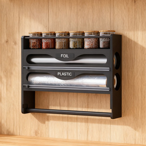 Bamboo Wall Storage <b>Rack</b> With Spice Jars Foil <b>Plastic</b> Holder Punch Free Mounting Kitchen Organizer - Product Image 2