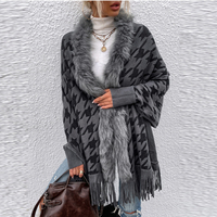 Manteau personnalisé pour femmes d'automne Cardigans Pulls Motif pied-de-poule Long col en fourrure Gland Pull décontracté Cardigan en tricot