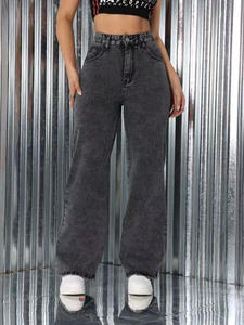 뜨거운 판매 여성의 활 자수 패션 트렌드 느슨한 캐주얼 스트레이트 다리 청바지 - Product Image 3