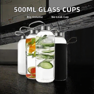 Bouteille d'eau en verre borosilicate réutilisable avec logo personnalisé, couvercle en acier inoxydable et sangle de transport, 300ml 500ml 750ml 1000ml - Product Image 2