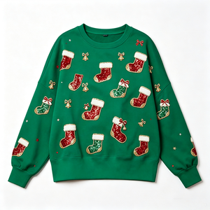 Sweat-shirt en coton French Terry vert à col rond 360 g/m² pour femme, broderie de paillettes de Noël, vente chaude - Product Image 1