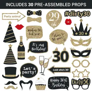 完全に組み立てられた30歳の誕生日の写真ブースの小道具黒と金のSelfieサイン30番目のパーティー用品本物のキラキラと装飾