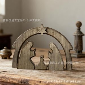 Escena de Natividad de Madera en Miniatura, Estatua Familiar, Decoración Navideña para Sala de Estar, Hogar, Chimenea, Diseño Tradicional de Pino - Product Image 2