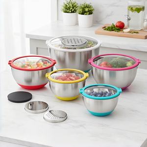 थोक स्टेनलेस स्टील सलाद मिश्रण कटोरे सेट के साथ पारदर्शी ढक्कन गैर-पर्ची आधार के साथ सेट किया गया - Product Image 1
