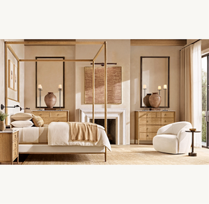 Rh Gael Eiken Lederen Hemelbed, Kingsize Massief Houten Hemelbed Met Gestoffeerd Hoofdeinde, Modern Luxe Slaapkamermeubilair - Product Image 1