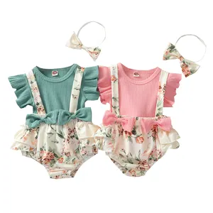 5251 Pasgeboren Baby Meisje Kleding Set Zomer Baby Outfits Effen Kleur Romper Top Bloem Shorts Hoofdband 3 Stuks Peuter Kleding set