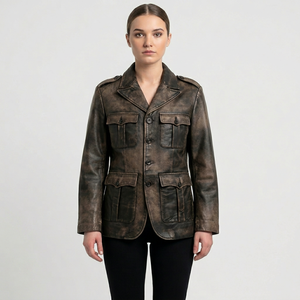 Wholesale Vintage Distressed <b>Leather</b> Safari <b>Jacket</b> Women's Multi-Pocket Cargo Moto Coat Custom Western Outwear Supplier - Product Image 1