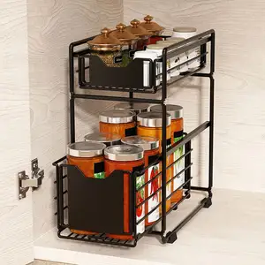 Новый выдвижной шкаф, раздвижной 2-Ярусный органайзер для предметов домашнего обихода, металлические стеллажи для хранения со съемными выдвижными корзинами