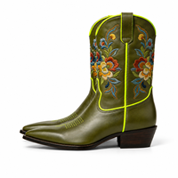Bottes de cowgirl à bout pointu brodées de fleurs vert olive, style western, pour femmes, vente en gros