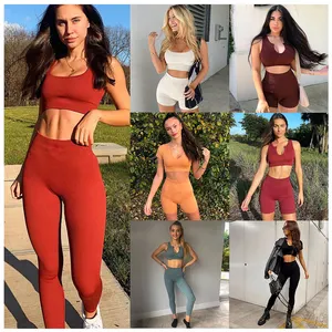 Benutzer definierte nahtlose gerippte Farbe Kleidung Frauen Fitness studio 5 Stück Hot Pink Workout Sport Set Kurzarm Yoga Wear Set