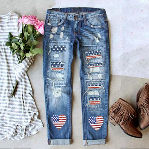 Pantalon déchiré à poches pour femmes <span class=keywords><strong>Jeans</strong></span> quatre saisons Jour de l'indépendance Imprimé Perforé Casual Skinny Pencil Pant <span class=keywords><strong>Leggins</strong></span> Mujer - Product Image 2