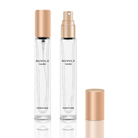 Vente en gros de flacons de parfum miniatures de luxe, flacon de parfum carré en verre transparent, flacon de parfum personnalisé avec emballage en boîte, 10 ml