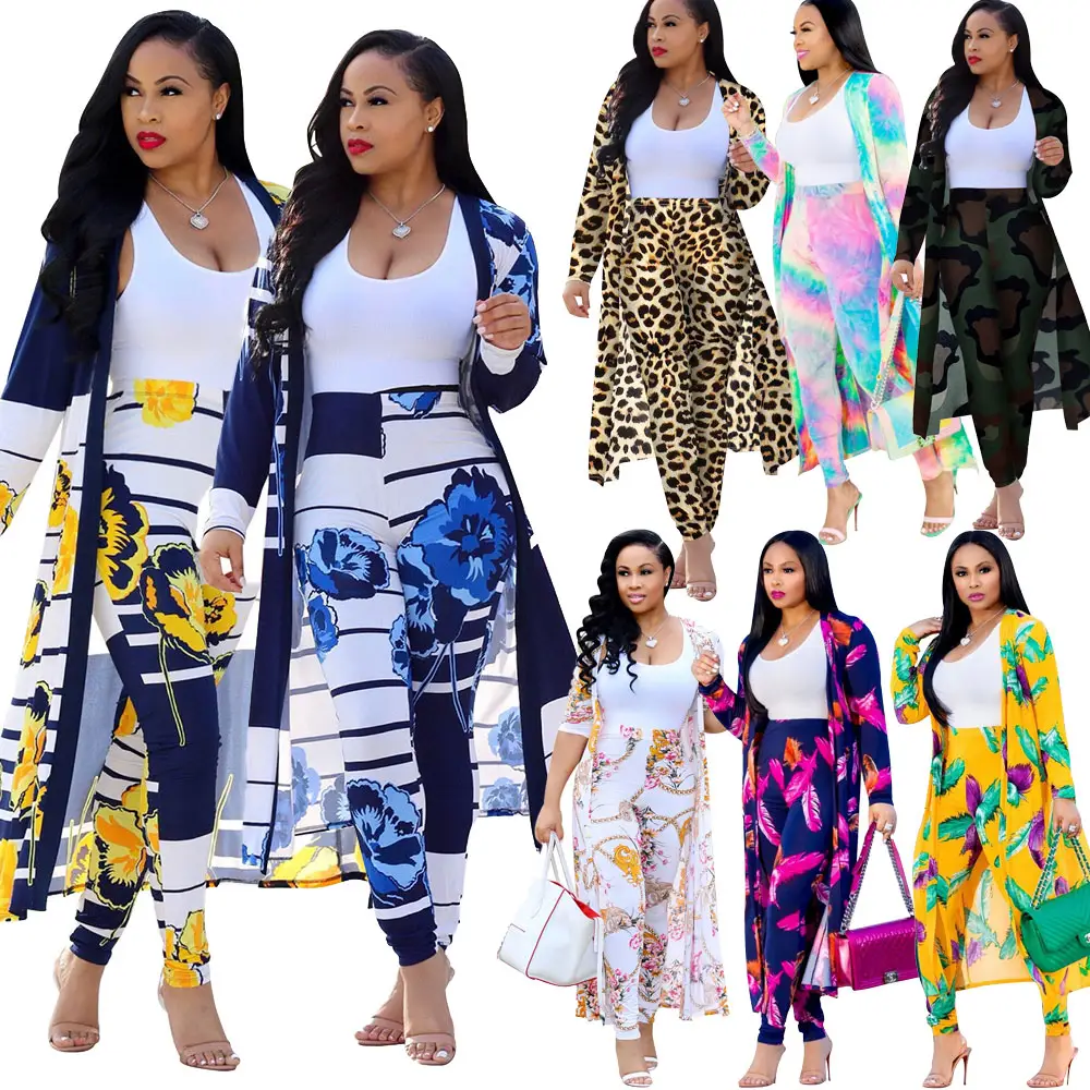 2021 Dresses Women Fall Clothing Lady Elegant Printed Long Coat Leggings Two Piece Set Boutique Clothing