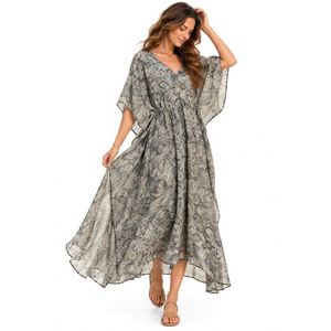 Vestido Midi Bohemio de Satén de Seda Tejido con Estampado Paisley, Cuello en V, Manga Murciélago, Corte Holgado, Dobladillo Asimétrico, Ropa Casual de Verano - Product Image 1