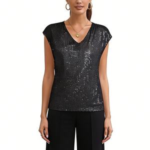 Women's Sequin V-Neck Cap Sleeve Blouse - Sparkly Party <b>Top</b> Womens Clothes Shirt Fashion - Product Image 2
