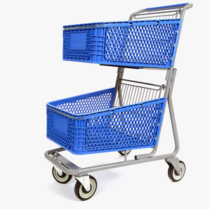 प्लास्टिक शॉपिंग ट्रॉली बड़ी क्षमता हाइपरमार्केट 5 पहियों के साथ डबल बास्केट शॉपिंग कार्ट - Product Image 2