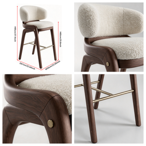 Tabouret <span class=keywords><strong>de</strong></span> <span class=keywords><strong>bar</strong></span> en bois massif <span class=keywords><strong>de</strong></span> frêne courbé, style mid-century modern |   Siège et dossier en tissu bouclé crème Teddy |   Repose-pieds en laiton |   <span class=keywords><strong>Bar</strong></span> à domicile Hôtel - Product Image 4