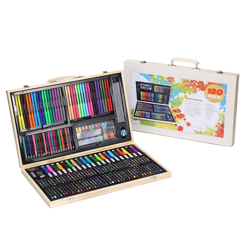 Set artistico Deluxe da 180 pezzi, scatola d'arte in legno e Kit da disegno con pastelli a olio pastelli a olio matite colorate pennello