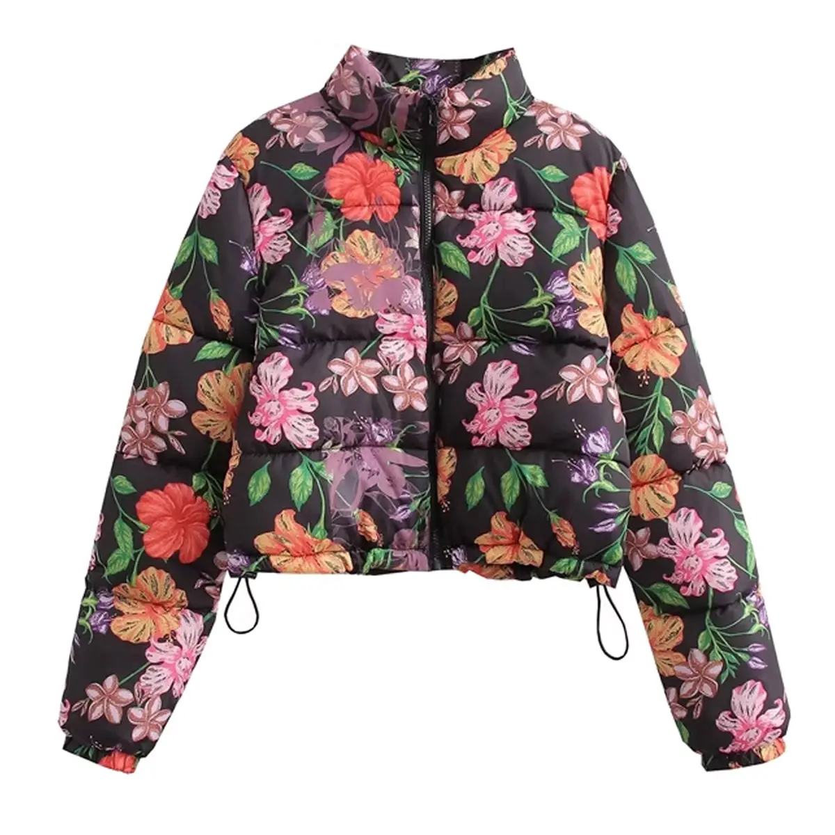 New listing short black flowers and plants shape printing puffer jacket autumn and winter season ladies down jacket