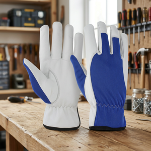 Gants de travail en cuir blanc et bleu, antidérapants aux doigts, gants de sécurité polyvalents, manchette droite - Product Image 3
