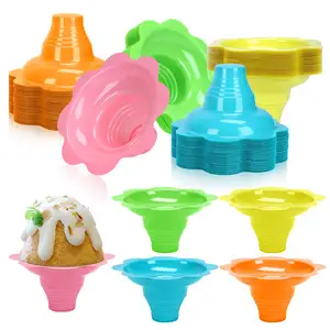 Food Grade 4oz Plastic Reusable Colorful Snow Cone Shaved Ice Cream Flower Cups with Straw