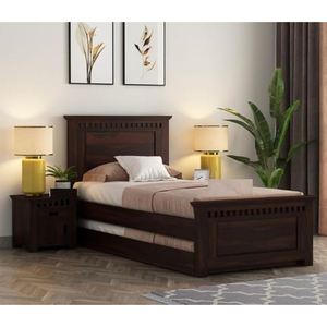 Cama individual de madera maciza de Sheesham de primera calidad con cama nido extraíble, acabado en nogal miel natural, colección a precio mayorista. - Product Image 1
