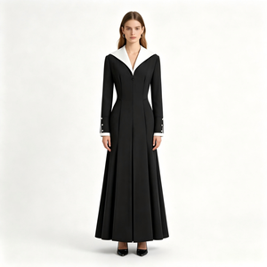 Elegante Abito da Sera Lungo <span class=keywords><strong>Nero</strong></span> e Bianco con Stampa Floreale Barocca, Maniche Lunghe, Scollo a V, <span class=keywords><strong>Vestito</strong></span> Formale Slim Fit su Misura OEM/ODM - Product Image 1